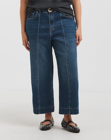 Mid Blue Cropped Wide Leg Pintuck Jeans