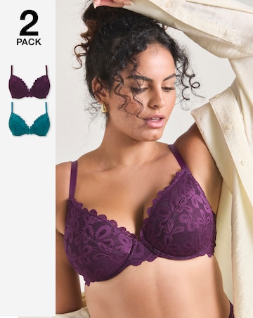 Pretty Secrets (2 Pack) Daisy Lace Plunge Wired Bras (B-F) Green/Plum
