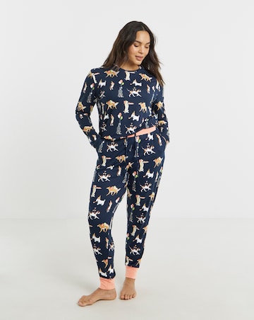 Chelsea Peers Jersey Crew Neck Christmas Dog Print Pyjama Set