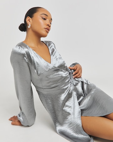 Grey Satin Tie Front Long Sleeve Dress