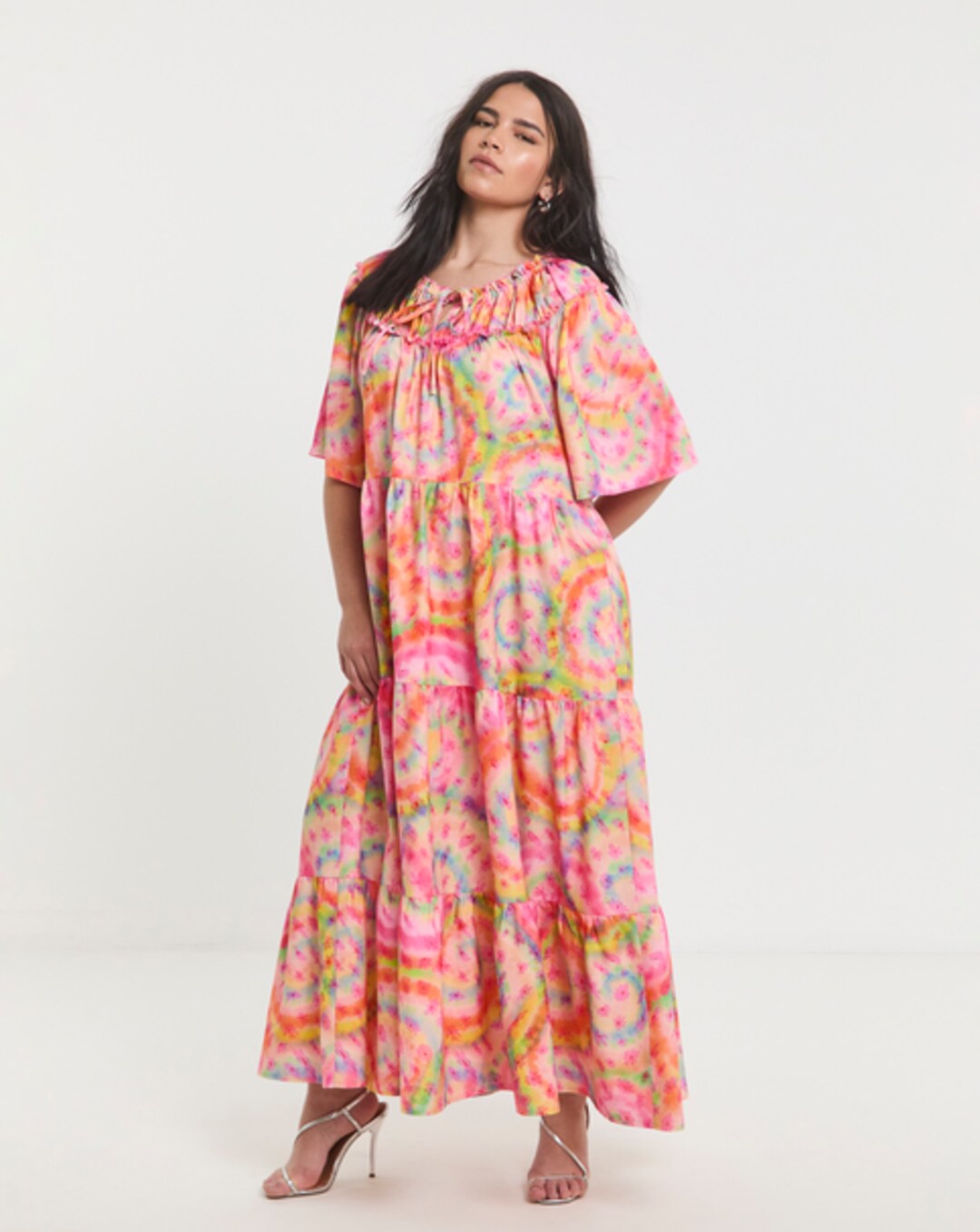 gingham tiered maxi dress neon rose Neon Rose Gingham Tiered Puff Sleeve Maxi Dress