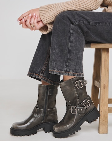 Stevie Multi Buckle Chunky Ankle Biker Boots Wide E Fit