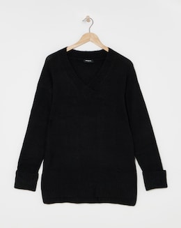 Black Slouchy V Neck Longline Jumper