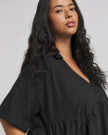 Black Cotton Collared Midi Dress With Pockets