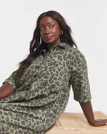 Simply Be Green Leopard Printed Midi Shirt Dress With Pockets