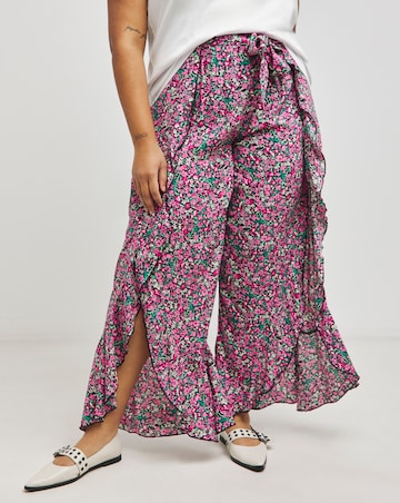 Ditsy Print Tie Ruffle Front Split Trousers