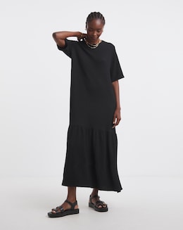 Black Textured Jersey Drop Waist Midi Dress