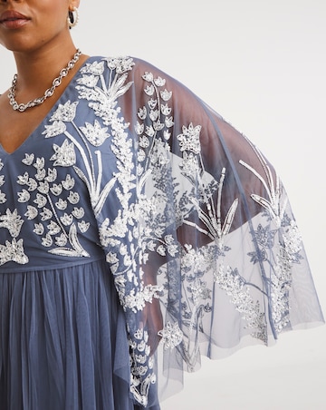 Maya Curve Cape Sleeve Floral Embellished Tulle Midi Dress