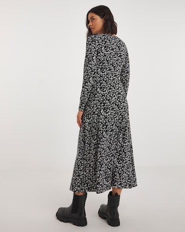 Black Ditsy Print Supersoft Jersey Ruched Front Midi Dress