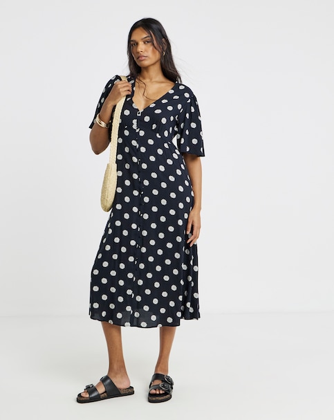 Black Spot Print Spun Viscose Button Up Midi Dress