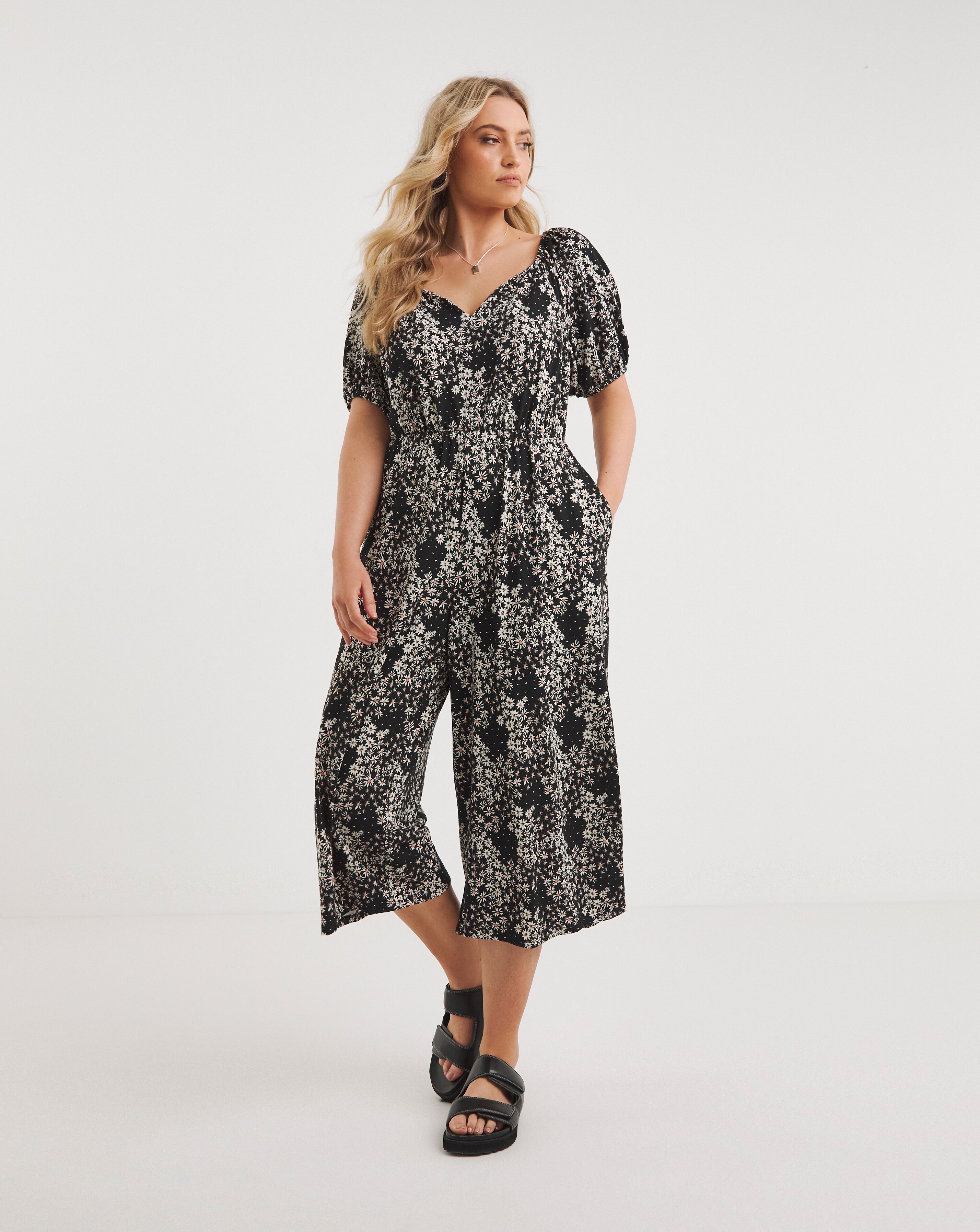 Black Ditsy Print Supersoft Sweetheart Neck Jumpsuit Simply Be