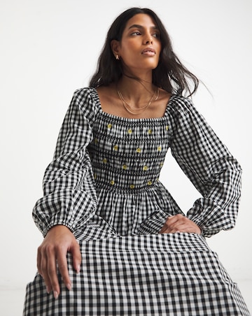 Simply Be Floral Embroidered Mono Gingham Shirred Midi Dress