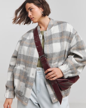 Grey Checked Brushed Faux Wool Bomber