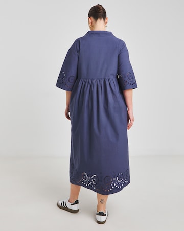 Blue Broderie Detail Shirt Dress