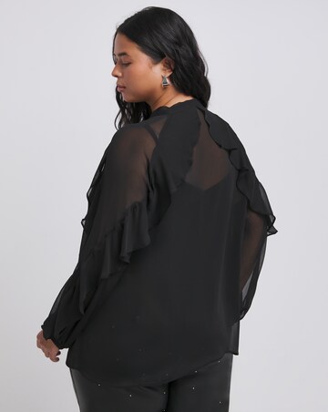 Tie Neck Sheer Frill Cuff Blouse
