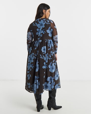 Simply Be Chocolate And Blue Floral Printed Mesh Midi Dress