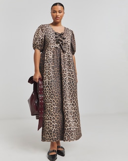 Leopard Print Bow Front Midaxi Dress With Pockets