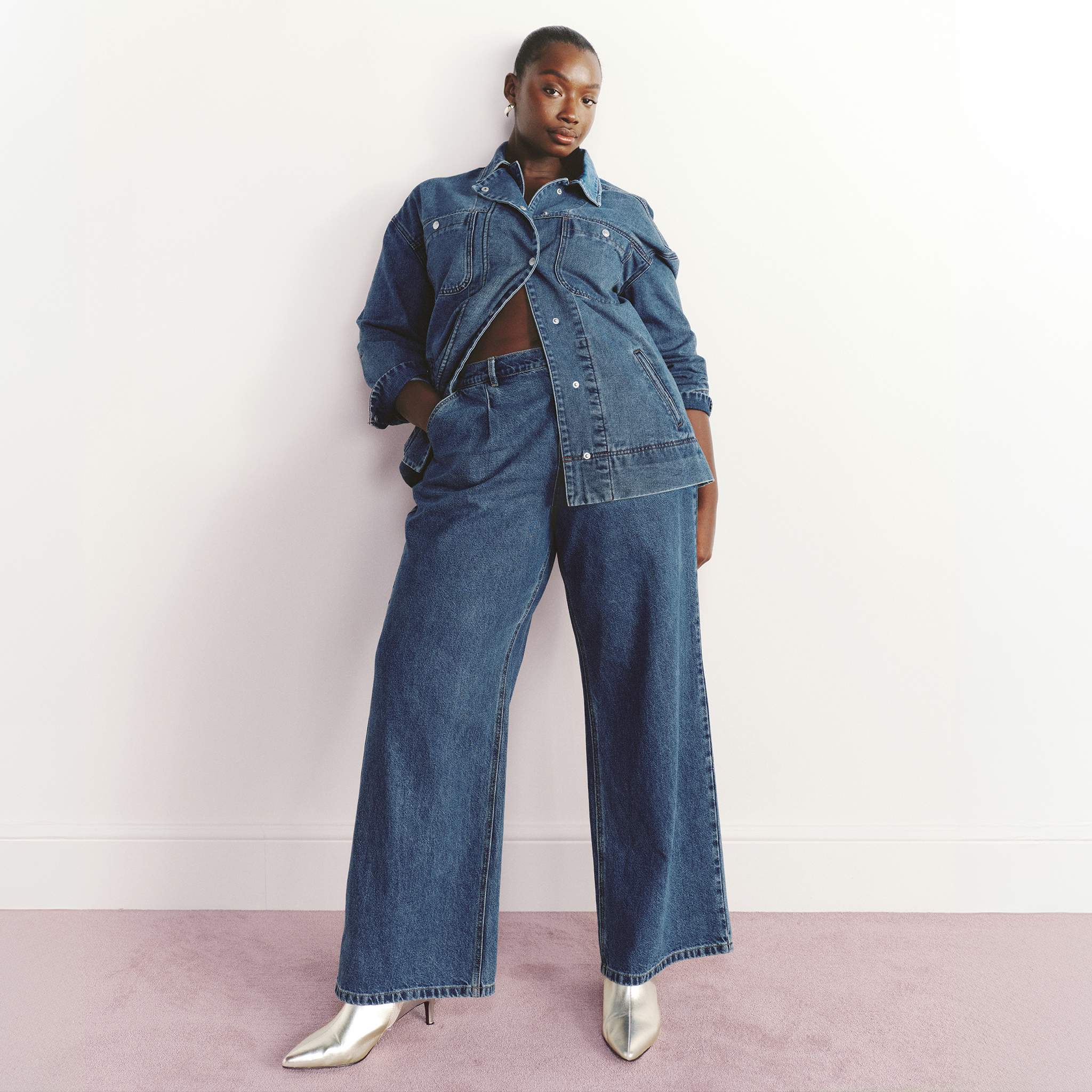 Matching denim shirt and wide leg jeans