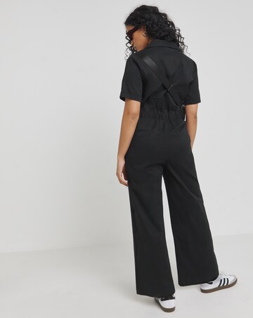 Black Zip Up Utility Twill Wide Leg Jumpsuit With Pockets