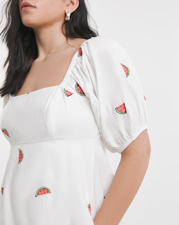 White Poplin Embroidered Fruit Skater Dress