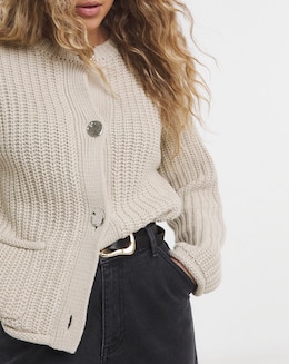Simply Be Stone Chunky Knit Crew Neck Cardigan