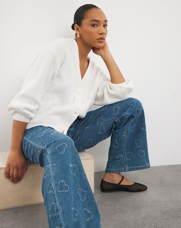 Mid Wash Distressed Heart Straight Leg Jean