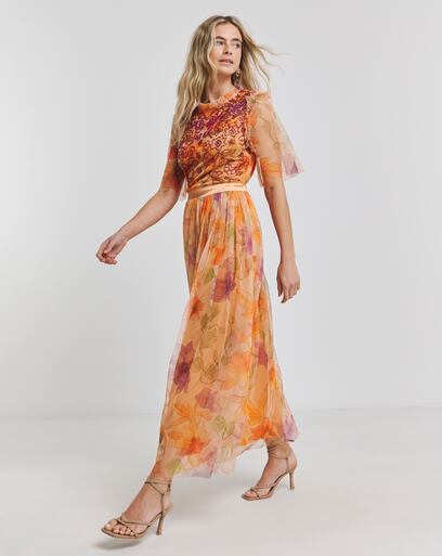 joanna hope beaded bodice maxi dress Fitted Beaded Sheer Short Sleeve Gown by Poly USA 9320  ABC Fashion