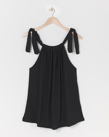Black Textured Tie Shoulder Top