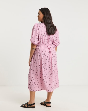 Pink Ditsy Floral Print Button Through Midi Dress With Pockets