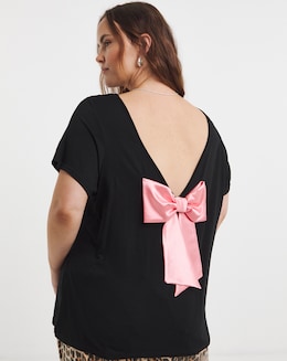 Black &amp; Light Pink Short Sleeve Satin Bow Back Top