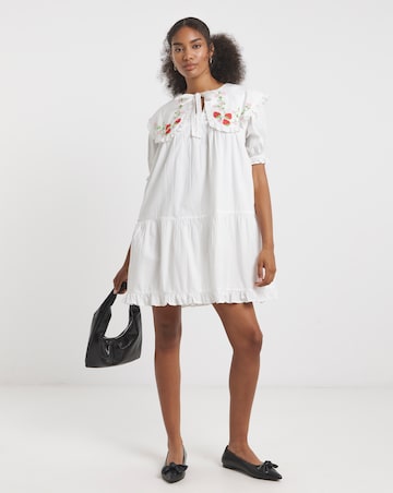 Neon Rose White Cotton Poplin Smock Dress with Strawberry Embroidery Collar