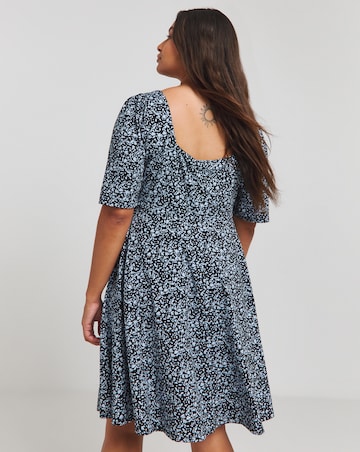 Black Print Supersoft Knot Front Skater Dress