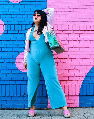 Blogger Scarlett Hao in denim jumpsuit