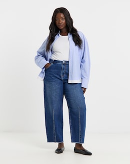 Mid Wash Comfort Stretch Dart Detail Barrel Leg Jeans