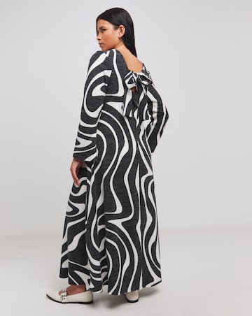 Mono Print Rib Flare Sleeve Cosy Maxi Dress