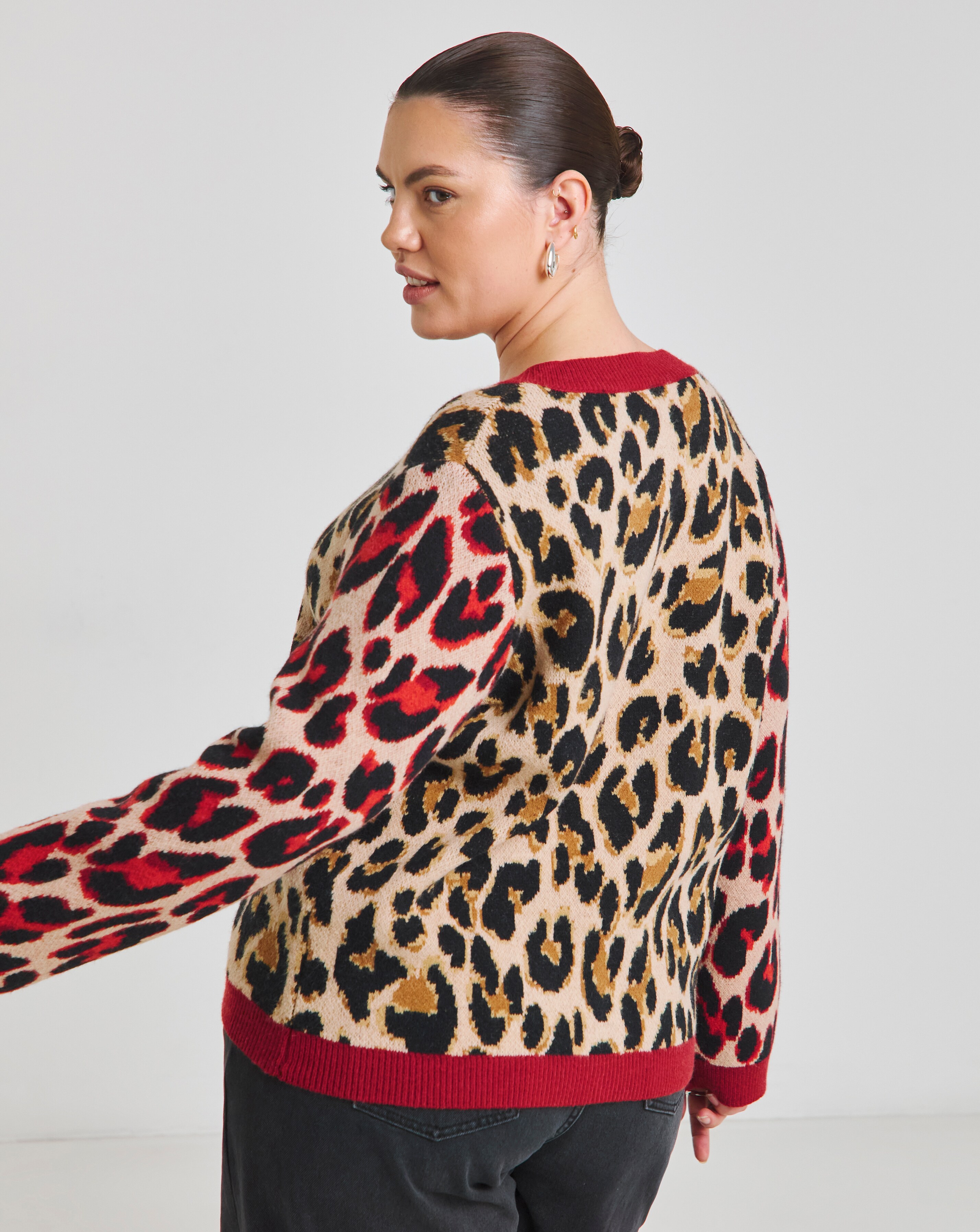 Simply Be Neutral Red Leopard Jacquard Cardigan Simply Be