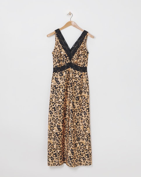 Simply Be - Women's Leopard Print Lace Trim Satin Slip Dress - Size 10 - Leopard - 97% Polyester 3% Elastane