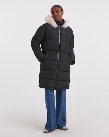 Black Fur Trim Longline Padded Coat