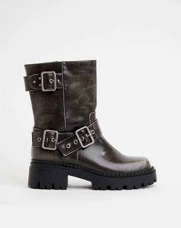 Stevie Multi Buckle Chunky Ankle Biker Boots Wide E Fit