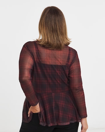 Red & Burgundy Check Print Peplum Mesh Top