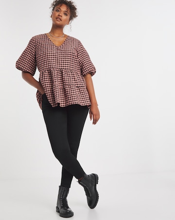 Pink Textured Check V Neck Smock Top