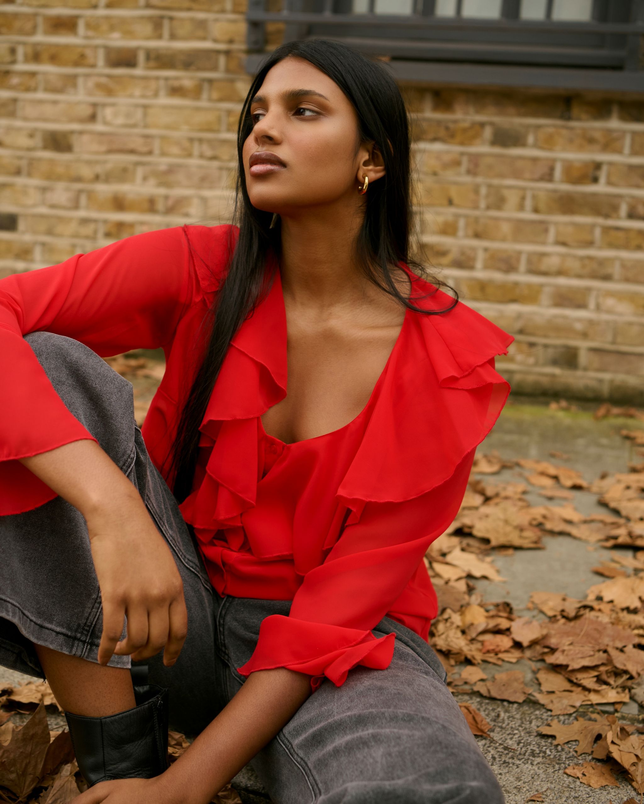 woman wearing red top