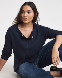 Navy &amp; Pink Ribbed Cardi with Contrast Trim