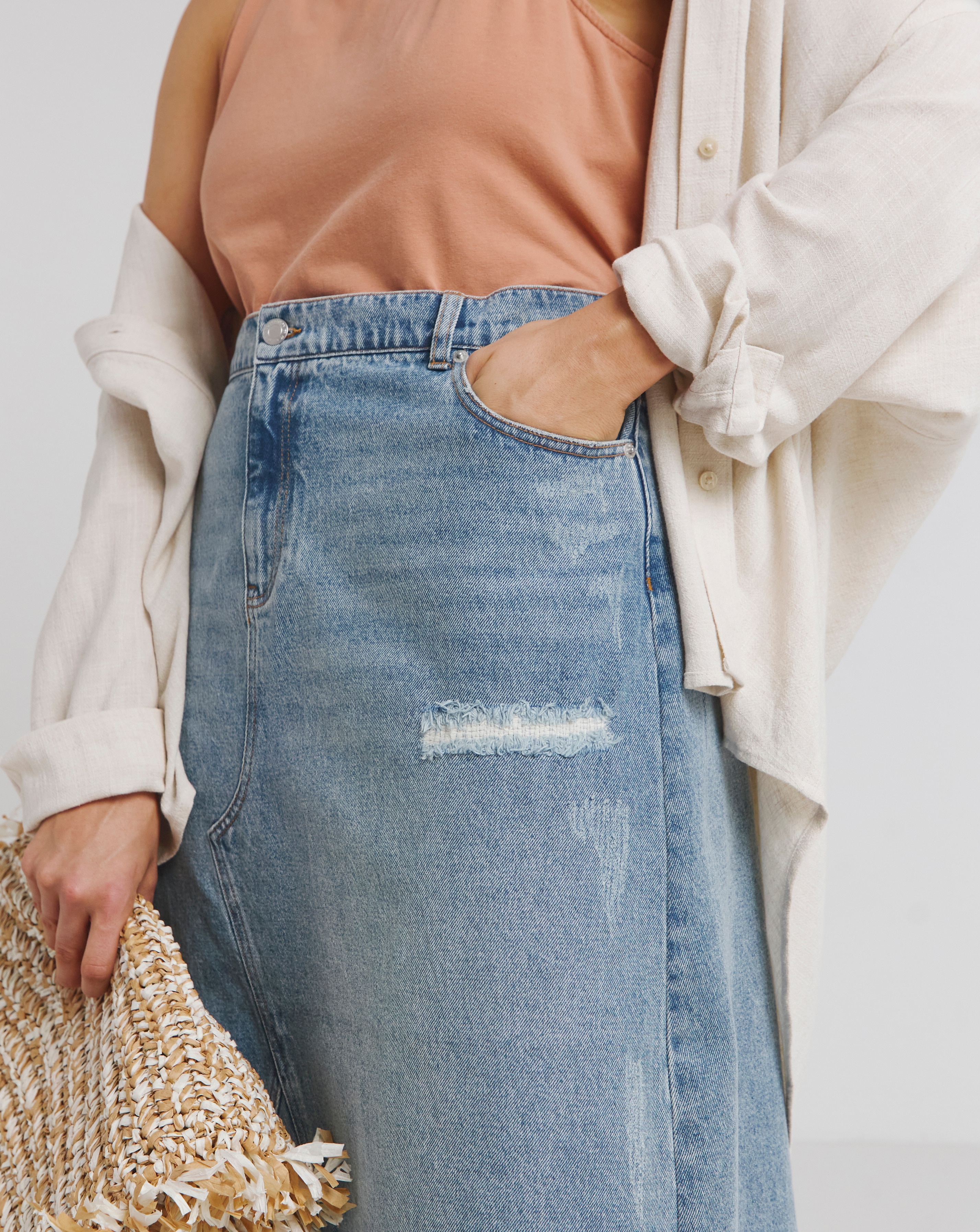 Light Wash Rip and Repair Denim Maxi Skirt Simply Be
