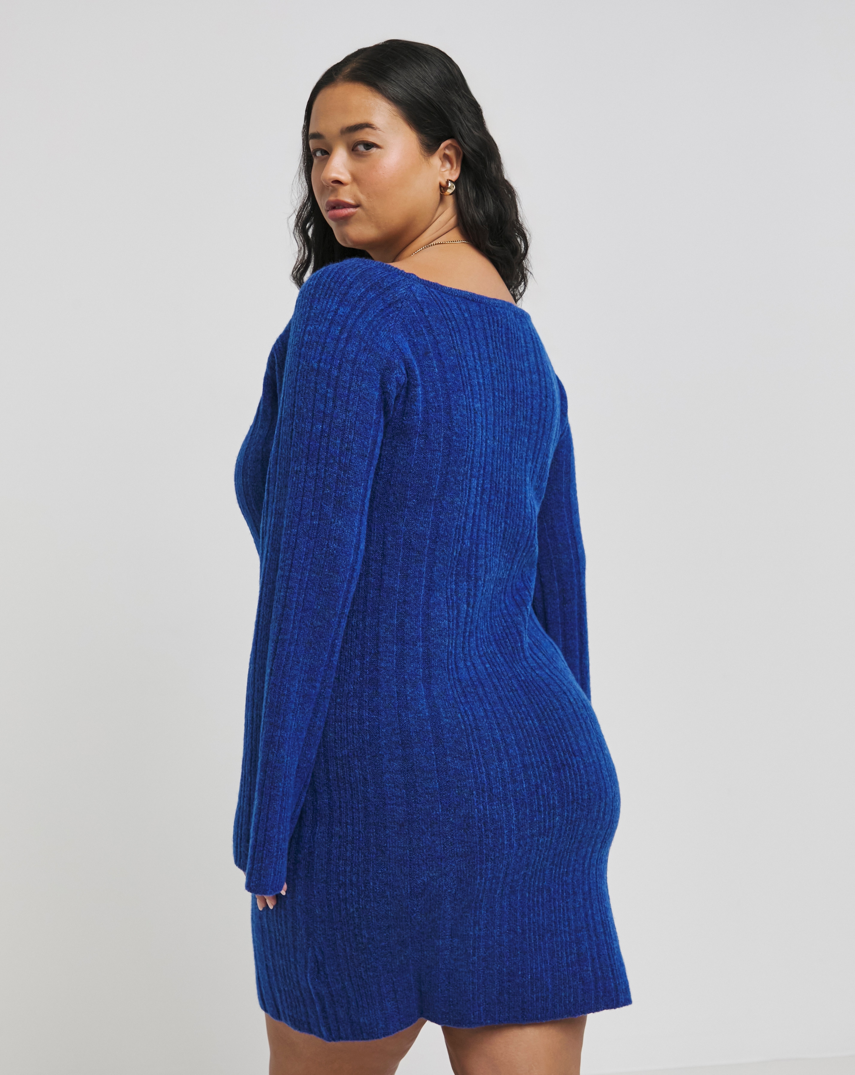 Blue Rib Slash Neck Knitted Mini Dress Simply Be