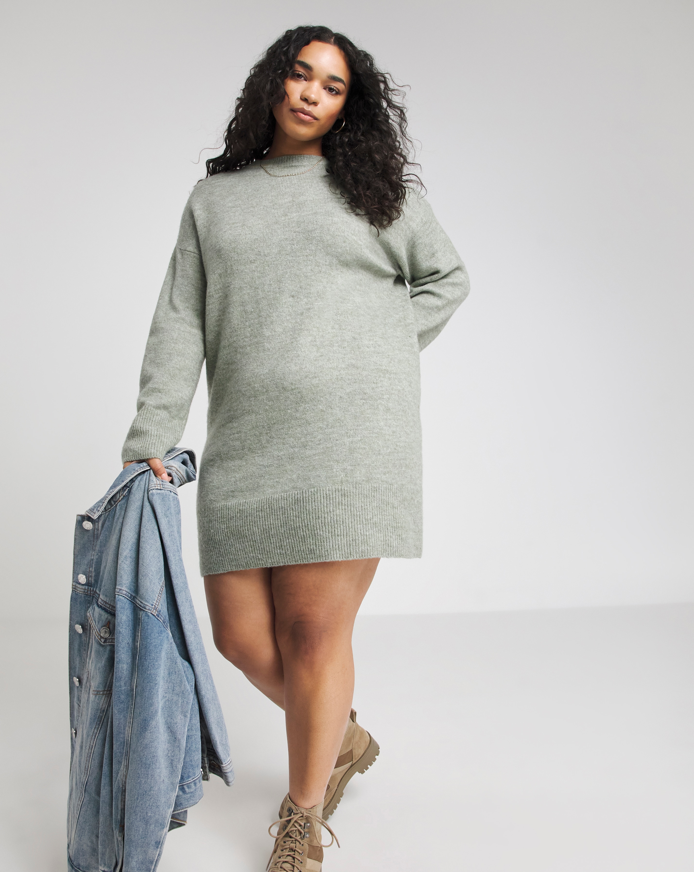 Sage Crew Neck Mini Jumper Dress Simply Be