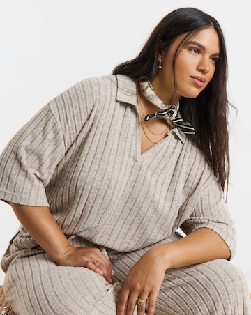 Simply Be Oatmeal Marl Cut & Sew Wide Rib Polo Top