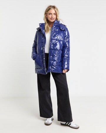 Mid Length High Shine Padded Coat and Hood