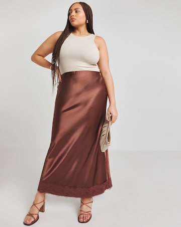 Chocolate Lace Trim Satin Maxi Skirt