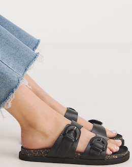 Alisha Leather Double Buckle Footbed Sandals - Wide Fit (E)